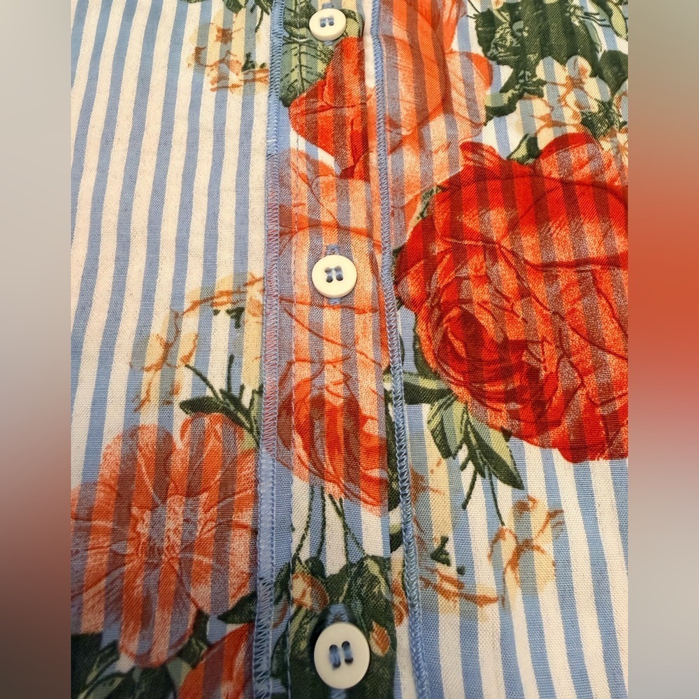 Cupio Blue and White Striped Floral Print Bell Sleeve Blouse - Size M - Picture 7 of 12